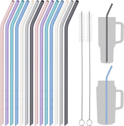 NiHome 14PCS Silicone Straws Fit for Stanley 40oz 30oz Tumbler, 14” Extra Long Reusable Drinking Straw, Flexible Can Cut Length for 1/Half Gallon 75 64 OZ Large Water Bottle - 2 Brushes (Rainbow)