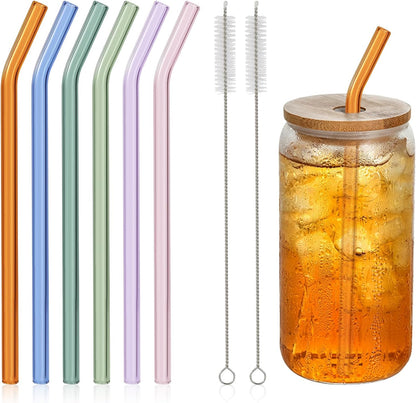 10 Pcs Reusable Bent Glass Drinking Straws,9''x10 mm Colorful Glass Straws for Beverages, Shakes, Milk Tea, Juices,Set of 10 Bent with 2 Cleaning Brushes -Shatter Resistant