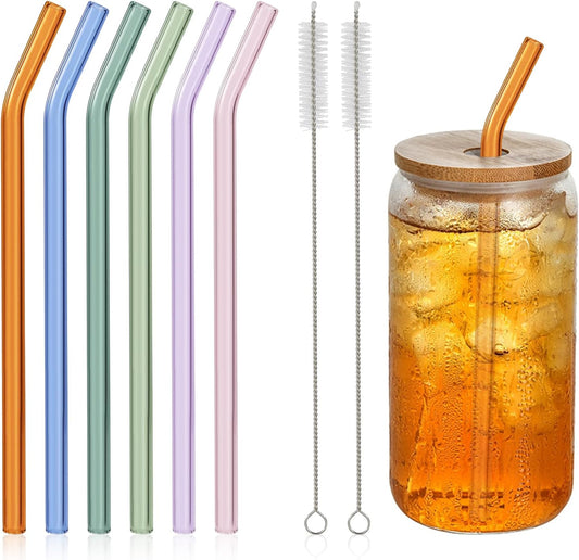 10 Pcs Reusable Bent Glass Drinking Straws,9''x10 mm Colorful Glass Straws for Beverages, Shakes, Milk Tea, Juices,Set of 10 Bent with 2 Cleaning Brushes -Shatter Resistant