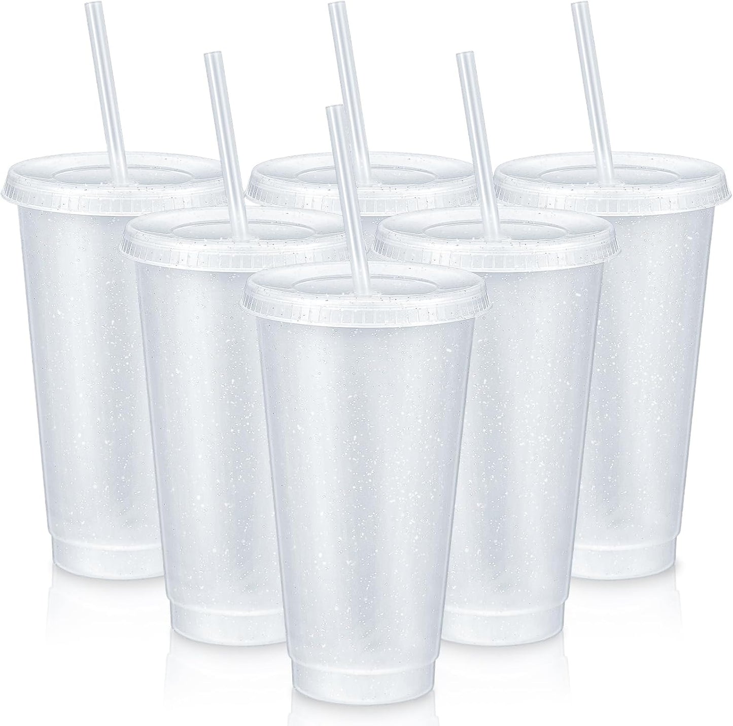 Uiifan 6 Pcs 24 oz Reusable Tumbler with Lids and Straws Plastic Iced Coffee Tumbler Glitter Travel Mug Cup for Smoothie Juices Birthday Party Cold Drink Coffee Cup Bulk for Adult Kid Women (Clear)
