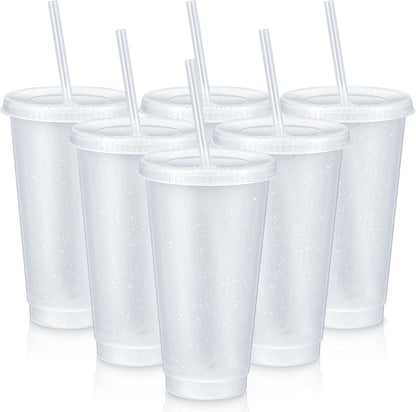Uiifan 6 Pcs 24 oz Reusable Tumbler with Lids and Straws Plastic Iced Coffee Tumbler Glitter Travel Mug Cup for Smoothie Juices Birthday Party Cold Drink Coffee Cup Bulk for Adult Kid Women (Clear)