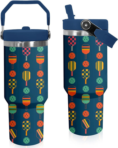 30 oz Tumbler with Handle Flip Straw Leak Proof - Pickleball Mug 30oz Tumbler Travel Coffee Mug with Handle - Birthday Gifts for Women Pickleball Lovers Players 30 Ounce Stainless Steel Cup