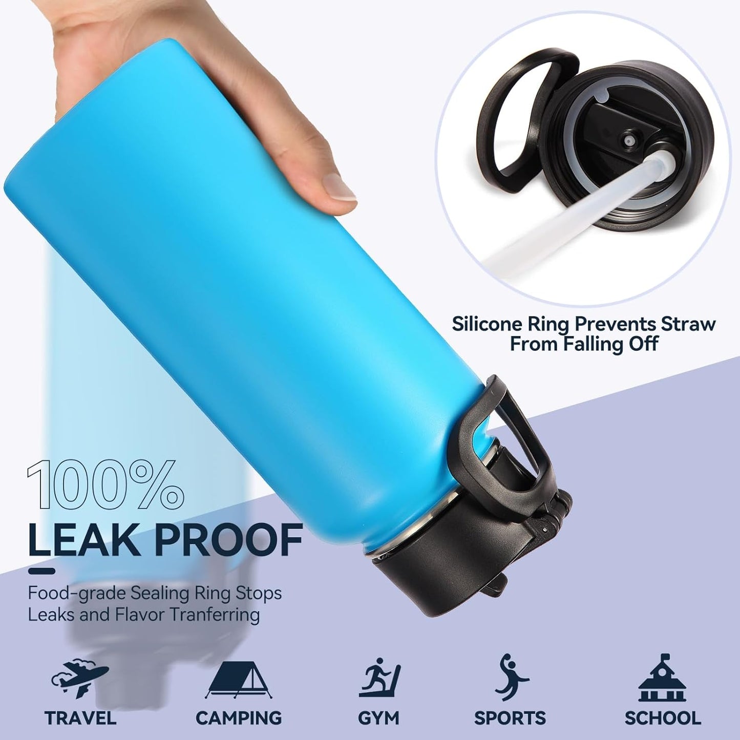 Neihepal 32 oz Insulated Water Bottle with 2 Lids (Straw & Spout Lid), 18/8 Stainless Steel Double Wall Water Bottles for Gym, Travel, Camping, Sports (Silver,1 Pack)
