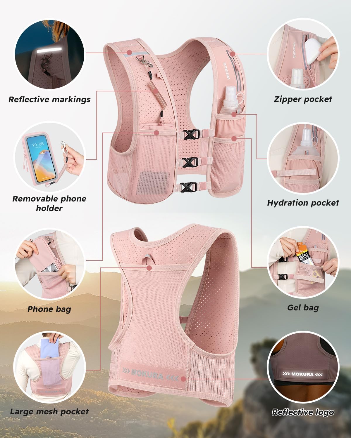 MOKURA Running Vest for Women Men, Lightweight Hydration Vest with 500ML Soft Flask & Phone Holder, Reflective Running Backpack, Adjustable Run Pack Water Bottle, Runner Marathon Essentials