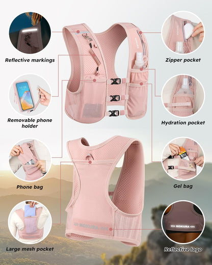 MOKURA Running Vest for Women Men, Lightweight Hydration Vest with 500ML Soft Flask & Phone Holder, Reflective Running Backpack, Adjustable Run Pack Water Bottle, Runner Marathon Essentials
