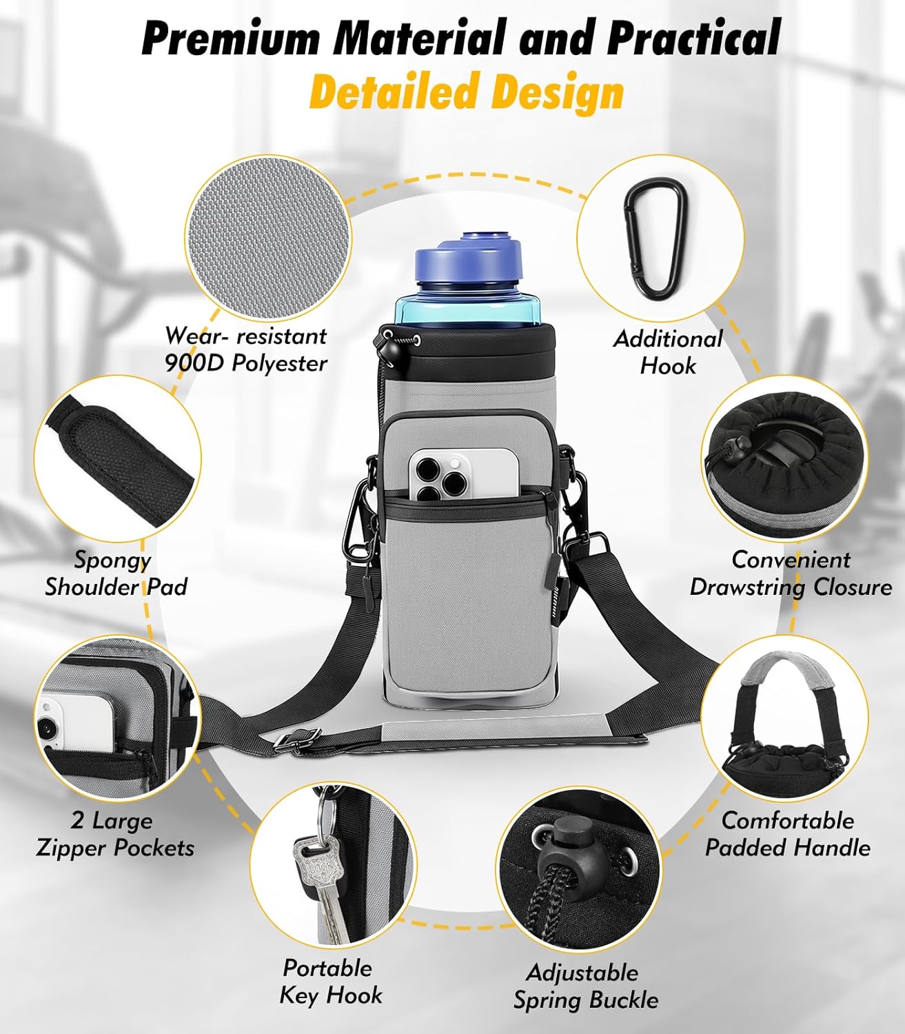 Nuovoware Water Bottle Carrier Bag,25oz/40oz/64oz Bottle Pouch Holder,Adjustable Shoulder Hand Strap 2 Pocket Sling Neoprene Sleeve Sports Accessories for Hiking Travelling Camping