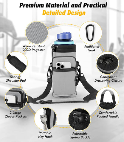 Nuovoware Water Bottle Carrier Bag,25oz/40oz/64oz Bottle Pouch Holder,Adjustable Shoulder Hand Strap 2 Pocket Sling Neoprene Sleeve Sports Accessories for Hiking Travelling Camping
