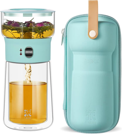 ZENS Modern Glass Infuser Teapot, One Touch Tea Maker for Loose Leaf Tea with Insulated Mug and Portable Case. Enchanted Pot Alternatives for Tea Lover Gifts