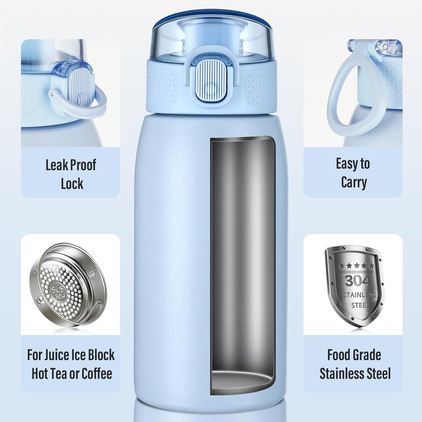 Insulated Water Bottle 24 oz with Dustproof Lid, Carry Handle & Tea Infuser, BPA-Free & Leakproof, Stainless Steel Water Bottles Ideal for Fitness, Hiking, Office & Outdoor Use (Black)