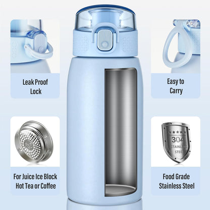 Insulated Water Bottle 24 oz with Dustproof Lid, Carry Handle & Tea Infuser, BPA-Free & Leakproof, Stainless Steel Water Bottles Ideal for Fitness, Hiking, Office & Outdoor Use (Black)