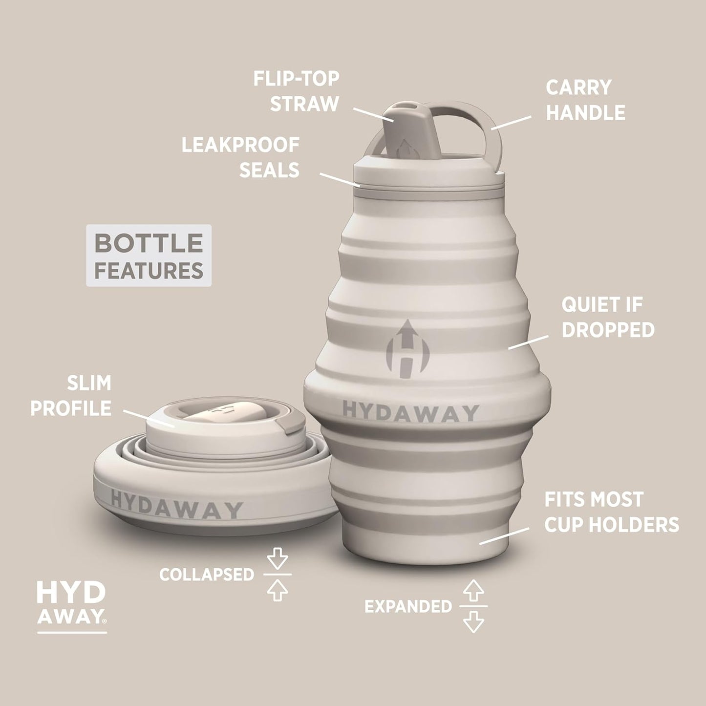HYDAWAY 17oz Travel Collapsible Water Bottle - BPA-Free, Leakproof, Lightweight, Space-Saving
