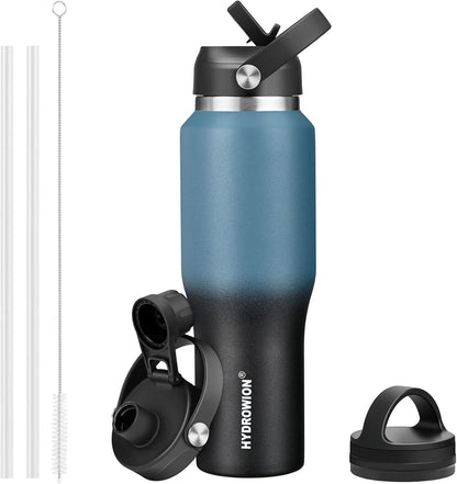 HYDROWION 32oz Stainless Steel Water Bottle(Cold for 48 Hrs, Hot for 24 Hrs),Double Wall Vacuum Insulated Water Bottle with Straw Lid, Spout Lid and Flex Cap, Fit in Any Car Cup Holder,Black