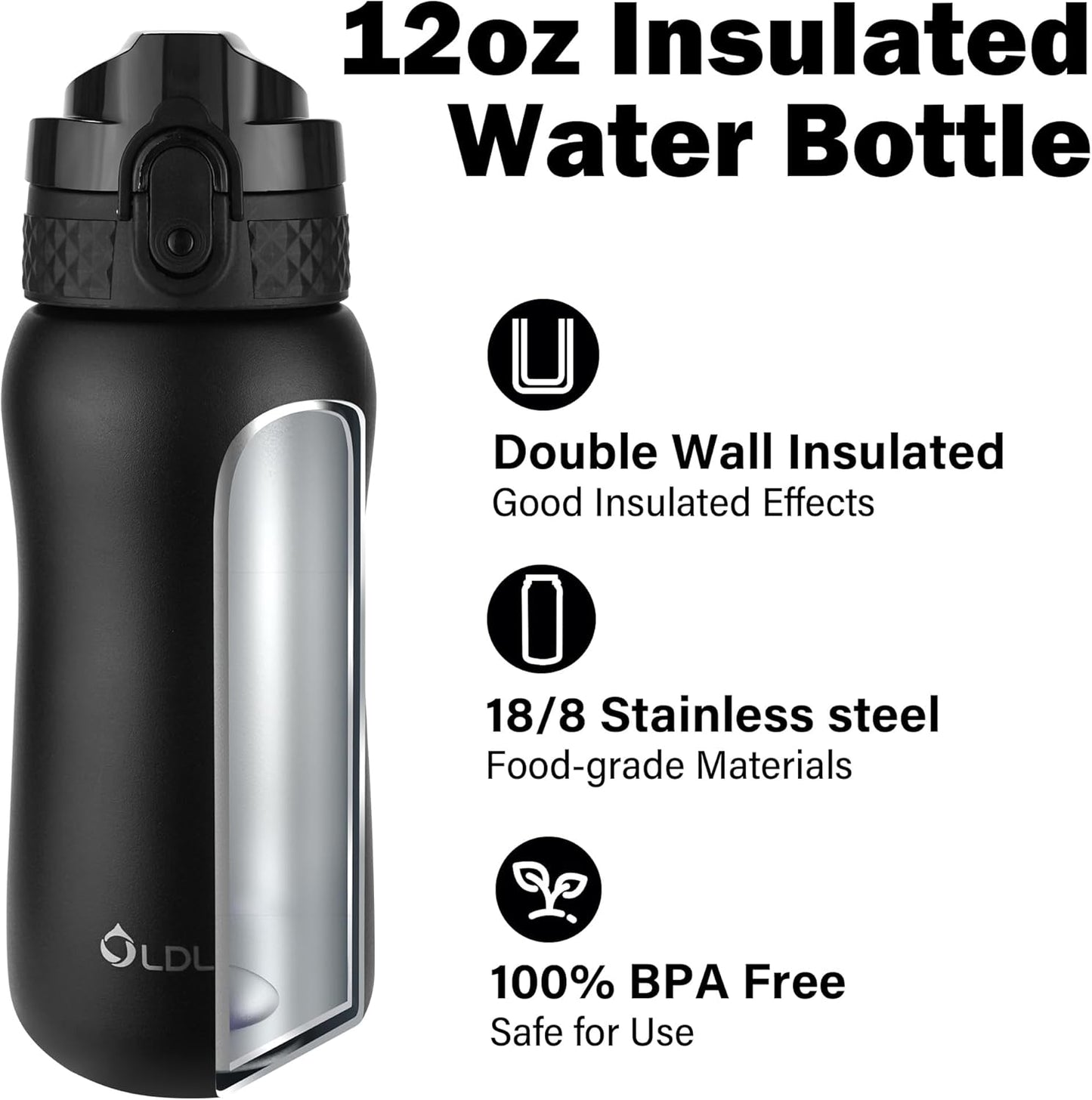 Oldley Insulated Water Bottle 20oz for Adults Kids Stainless Steel Water Bottles with Straw/Chug/Carabiner 3 Lids Fruit Strainer Double Wall Vacuum Wide Mouth BPA Free Leak-Proof for School Travel