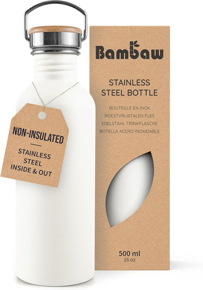 Bambaw Stainless Steel Water Bottles 32 oz, Non-insulated Single Wall Metal Water Bottle Stainless Steel, Reusable & Eco Friendly, Dishwasher Safe – Silver | Non-insulated