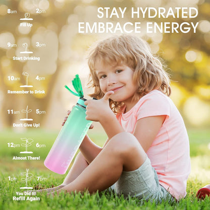 Sahara Sailor Water Bottle 32oz, Durable and Leakproof Water Bottles Motivational with Time Marker, Tritan, BPA Free, Wide Mouth with Easy Clean Brush for Gym, Travel, Home, School, Office (1 Bottle)