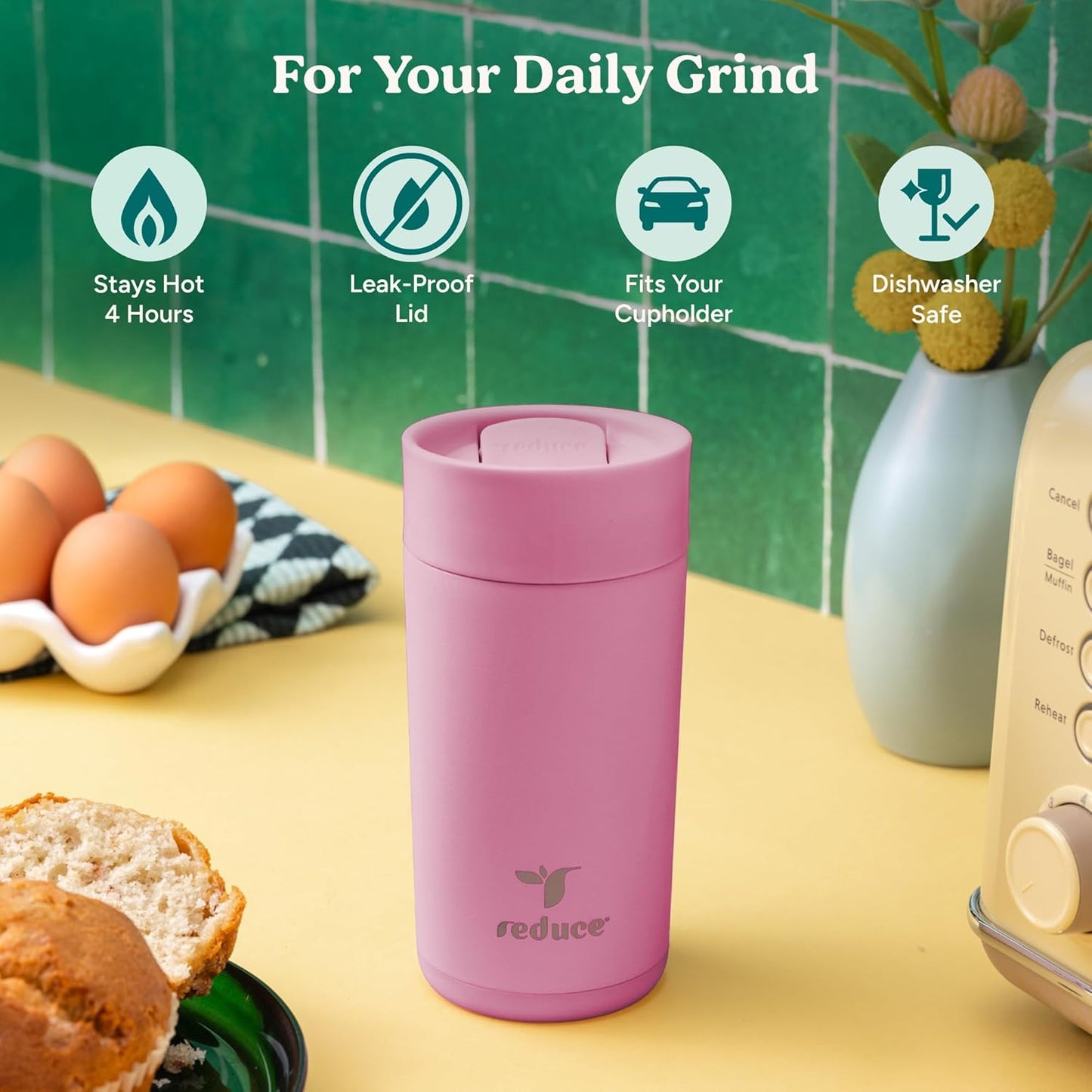 REDUCE Perk 10oz Insulated Coffee Tumbler – Leak-Proof with Lockable Lid and Vacuum Insulation–Durable Stainless Steel–Fits Car Cup Holders–One-Handed Travel Mug in Sand Leopard Print-Gentle Lavender