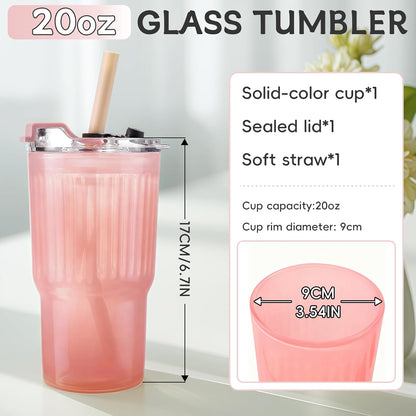 Iced Coffee Cups with Lids: Coffee Bar Accessories - Ribbed Glass Tumbler with Straw and Lid 4Pcs - 20oz Leak Proof Tumbler - Reusable Glass Cups and Tumblers with Lid and Straws for To Go Iced Coffee