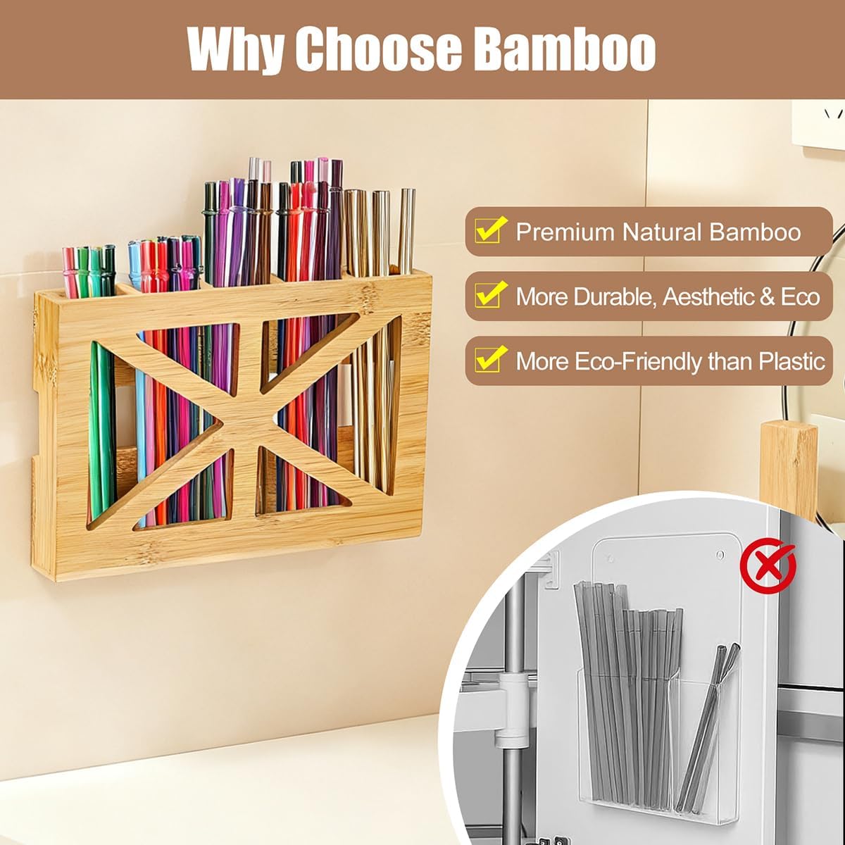 PEKER Straw Organizer for Cabinet Door, Peel and Stick Straw Holder with 5 Sections, Fast-Drying Ventilated Storage Rack for Reusable, Smoothie and Boba Straws