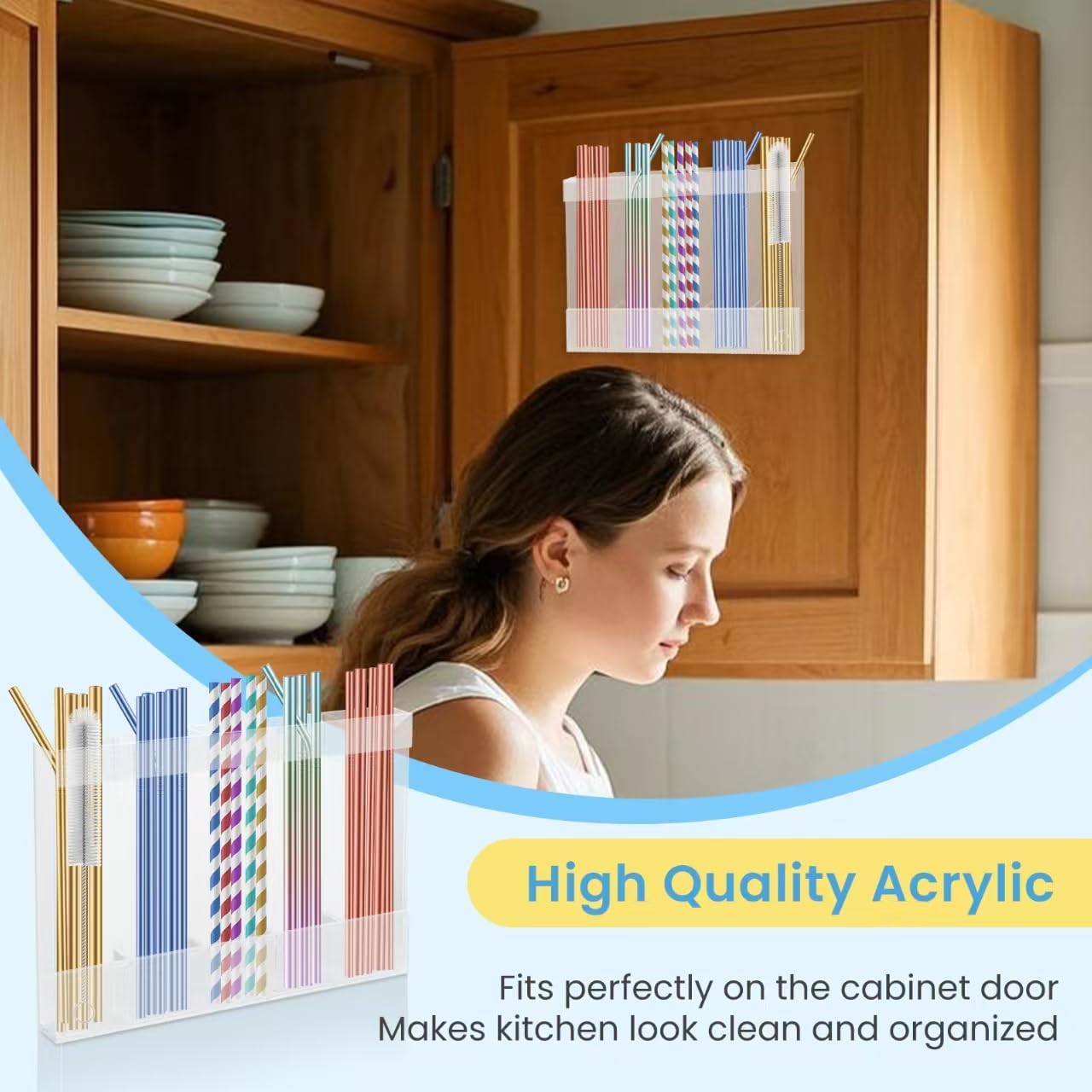 Acrylic Straw Holder for Cabinet, Reusable Straw Organizer with Double Sided Adhesive Tape Tumbler Straws Storage Container for Cupboard Drinking Straws Dispenser for Kitchen Counter (Transparent)