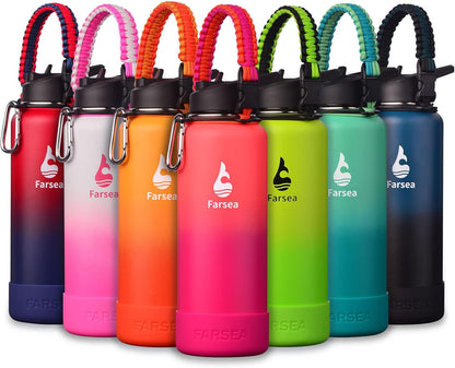 Farsea Insulated Water Bottle With Paracord Handle, Protective Silicone Boot and 2 Lids (Straw Lid & Spout Lid), Stainless Steel Water Bottle Wide Mouth, Double Wall Sweat-Proof BPA-Free, 24 oz