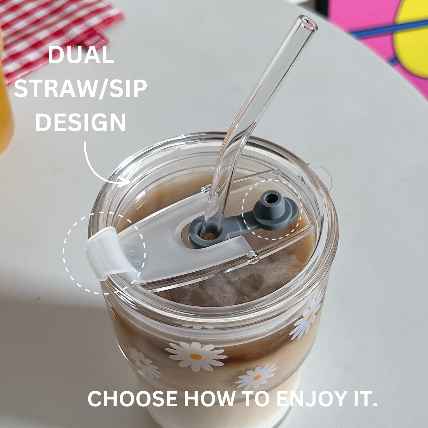 Olvini 13oz Glass Tumbler with Straw and Lid, Reusable Iced Coffee Cup Tumbler, Cute Glass Cups for Water, Matcha, Travel Coffee Mugs (Daisy)