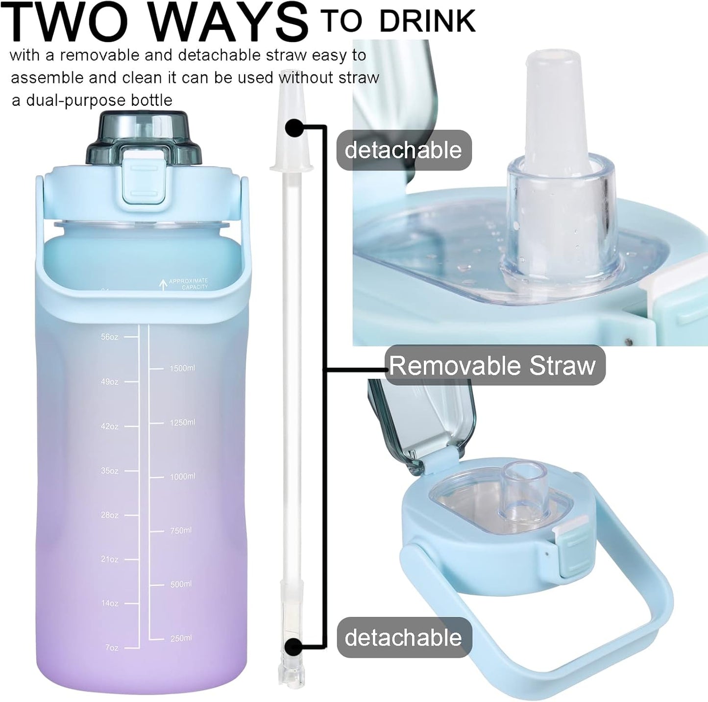 Large Motivational Water Bottle with Straw Time Marker BPA Free for Sport and Fitness (Pink Blue, 64 Oz / Half Gallon)