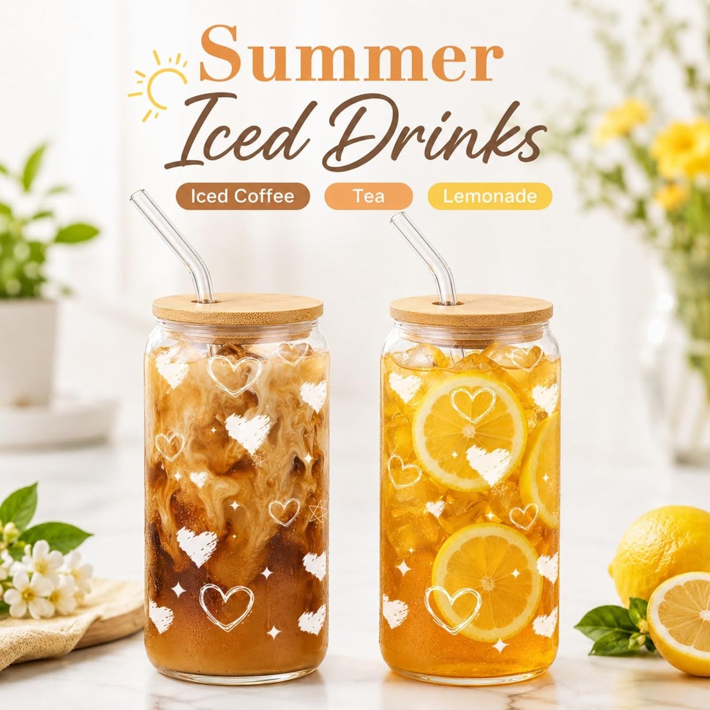 Glass Cups with Lids and Straws 1Pack,Glass Coffee Cups,Glass Cup with Lid for Iced Coffee,Smoothie,Cocktail,Beer,Whiskey,Soda,Matcha,16 Oz Glass Cup with Bamboo Lid,1 Brush