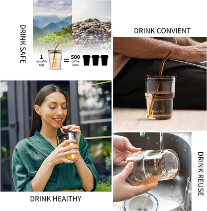 BLUEPOLAR 13oz/400ml Glass Water Tumbler with Straw and Lid Sealed Carry On Thick Wall Iced Coffee Cup Glass Cup for Water, Iced Tea Fruit Juice Etc (White-2Pack)