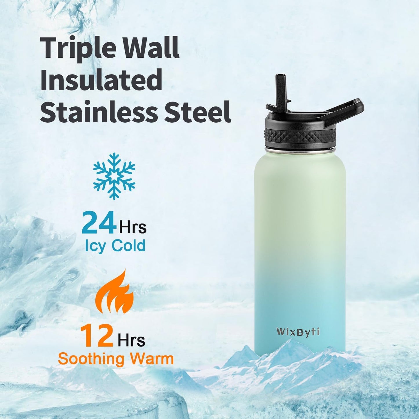 WixByti 40 oz Insulated Water Bottle with Straw (Cold for 36 Hrs), Stainless Steel Triple Wall Vacuum Sports Water Jug, Leakproof Hydro Cup Flask with Paracord Handle & Straw Spout Lids & DIY Stickers