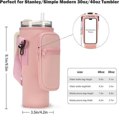 GOEWY Water Bottle Carrier Bag for Stanley 40/30 oz Tumbler with Phone Pocket Neoprene Water Bottle Holder with Shoulder & Handheld Strap Stanley Cup Accessories