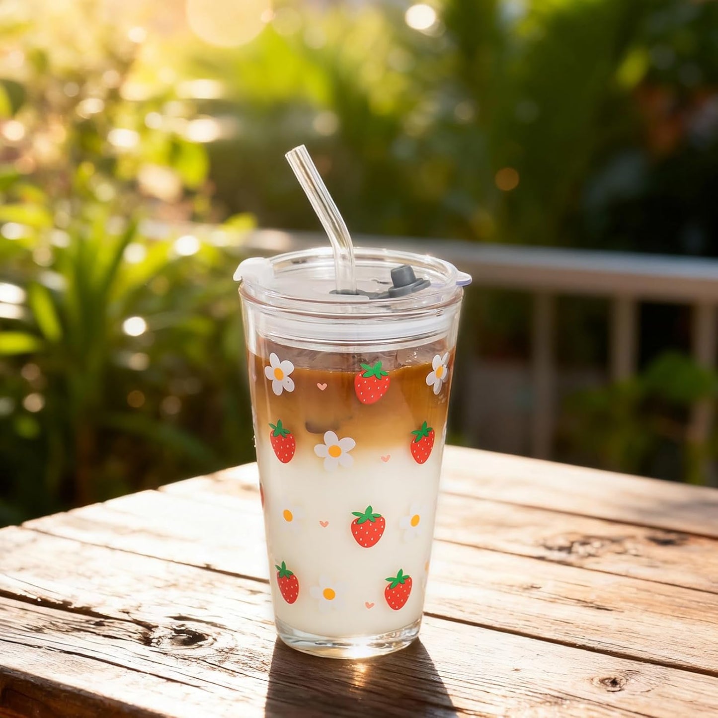 Olvini 15oz Glass Tumbler with Straw and Lid, Cute Iced Coffee Cups, Aesthetic Glass Cups, Coffee Tumbler, Water Cup, Matcha Cup, Drinking Glasses (Clear)
