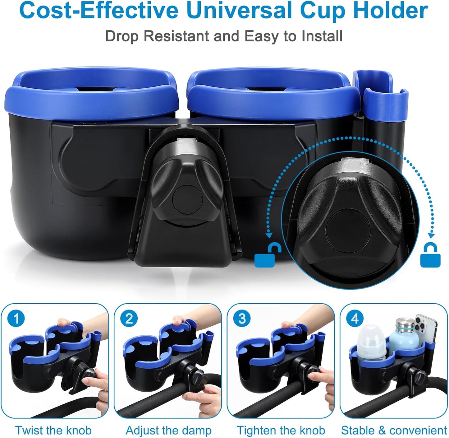 Accmor Stroller Cup Holder with Phone Holder, Bike Cup Holder, Universal Cup Holder for Uppababy Nuna Doona Strollers, 2-in-1 Cup Holder for Walker, Wheelchair, Scooter - Colors B
