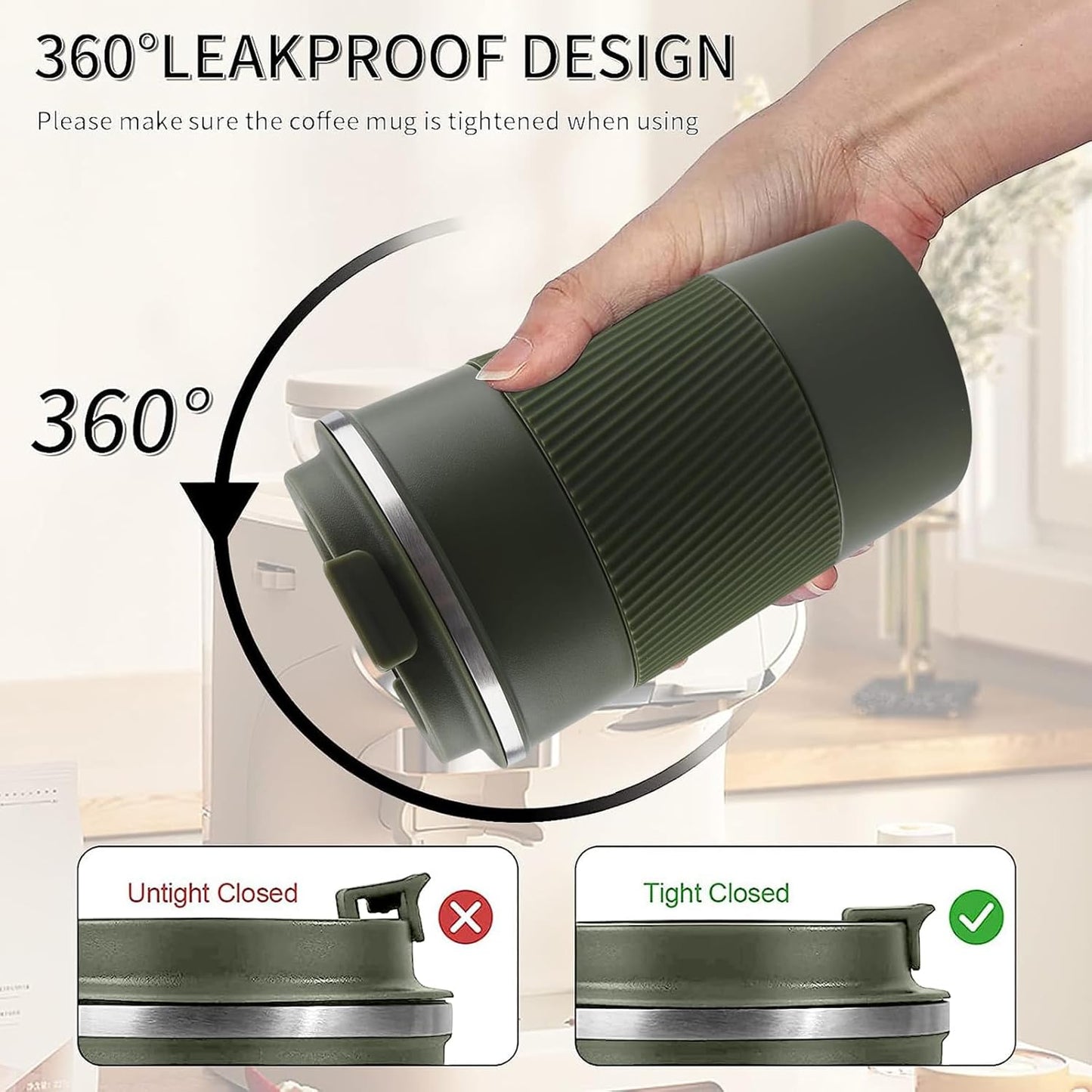 YINBAOGE Insulated Travel Coffee Mug, Spill & Leak Proof, Portable To Go Camping Stainless Steel Coffee Tumbler, Reusable Thermal Coffee Cup with Lid for Hot & Cold Drinks (Black, 12 OZ)