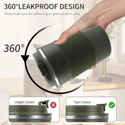 YINBAOGE Insulated Travel Coffee Mug, Spill & Leak Proof, Portable To Go Camping Stainless Steel Coffee Tumbler, Reusable Thermal Coffee Cup with Lid for Hot & Cold Drinks (Black, 12 OZ)