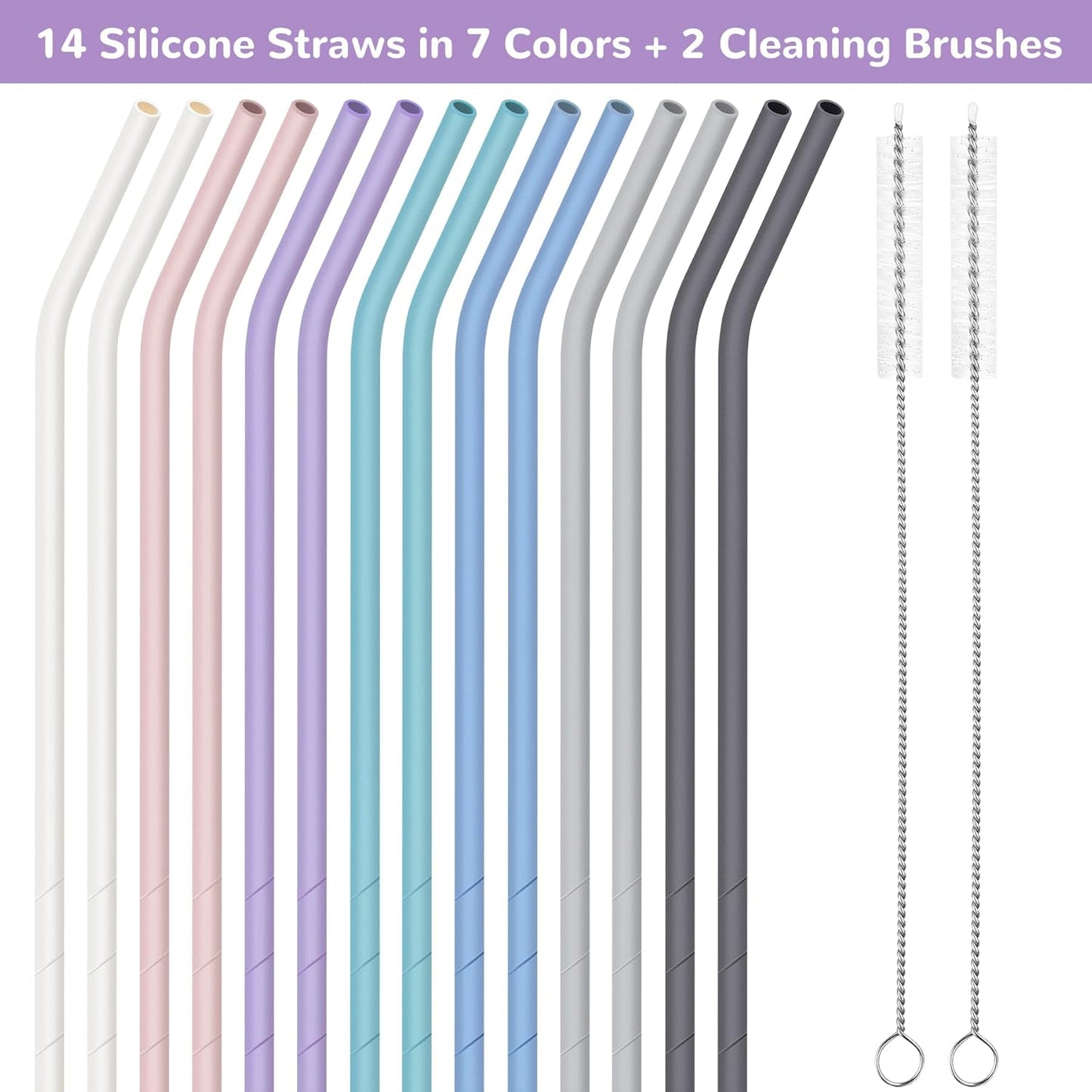 NiHome 14PCS Silicone Straws Fit for Stanley 40oz 30oz Tumbler, 14” Extra Long Reusable Drinking Straw, Flexible Can Cut Length for 1/Half Gallon 75 64 OZ Large Water Bottle - 2 Brushes (Rainbow)