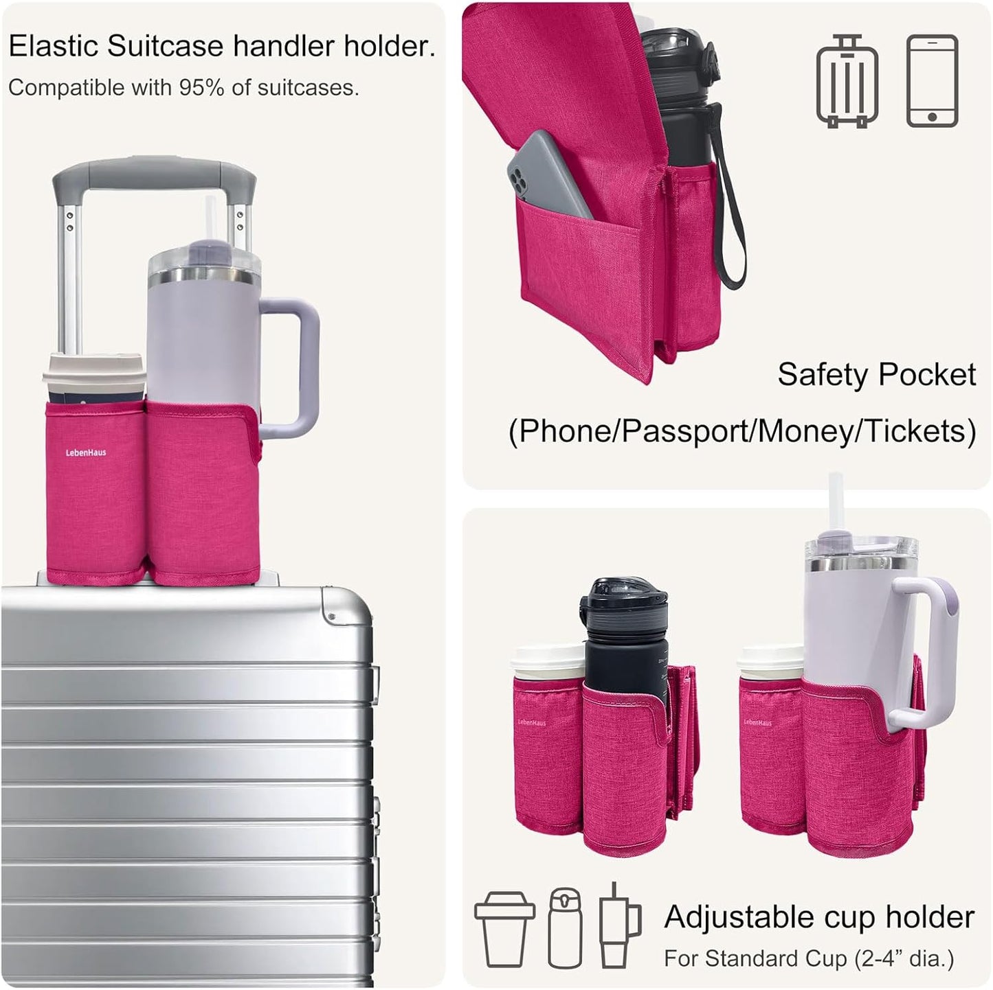 2 in 1 Luggage Cup Holder for Suitcase Airplane Cup Holder for Tray Table Drink Carrier for Stanley Tumblers Coffee Beverage Organizer Luggage Drink Holder Travel Gifts for Women (Gray)