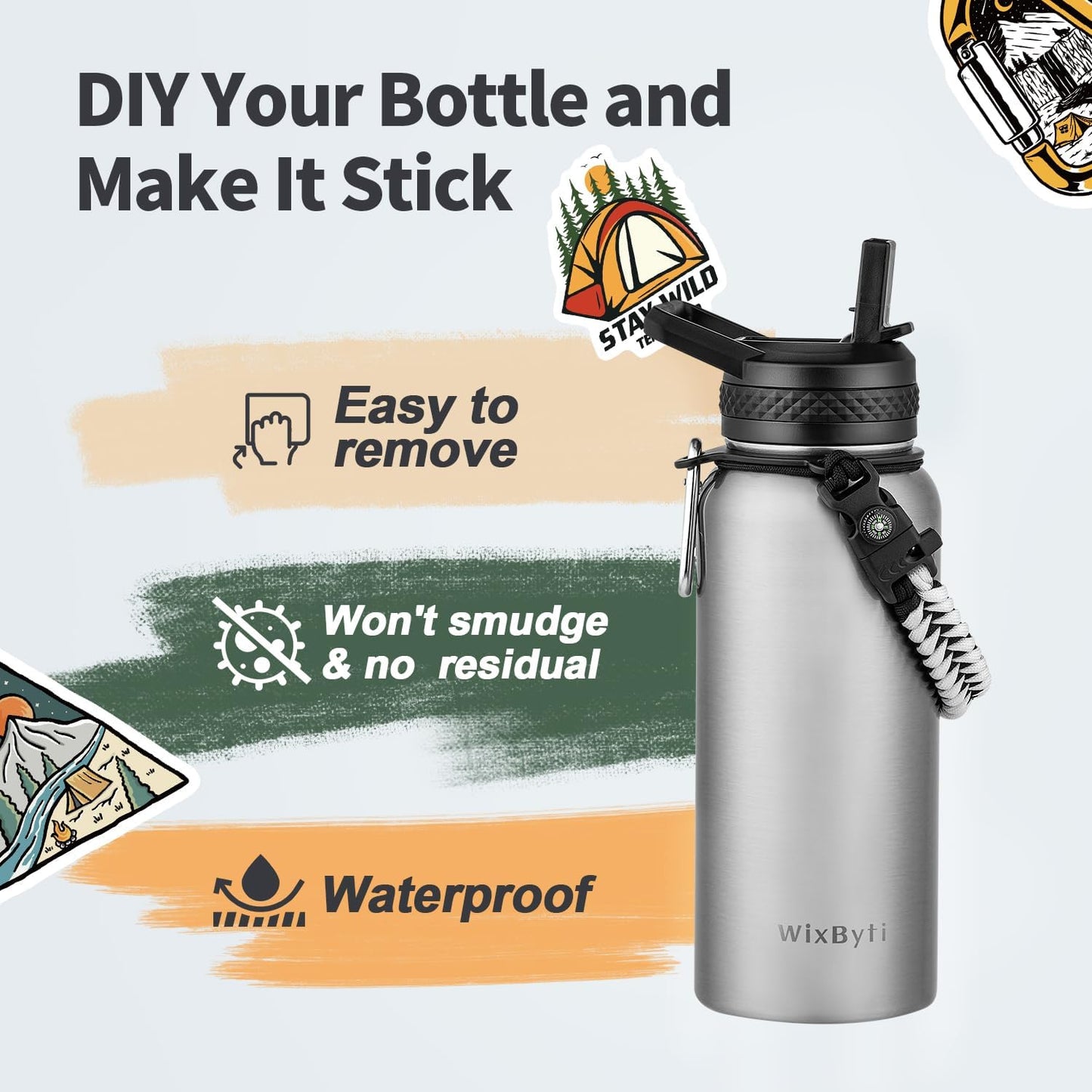WixByti 40 oz Insulated Water Bottle with Straw (Cold for 36 Hrs), Stainless Steel Triple Wall Vacuum Sports Water Jug, Leakproof Hydro Cup Flask with Paracord Handle & Straw Spout Lids & DIY Stickers
