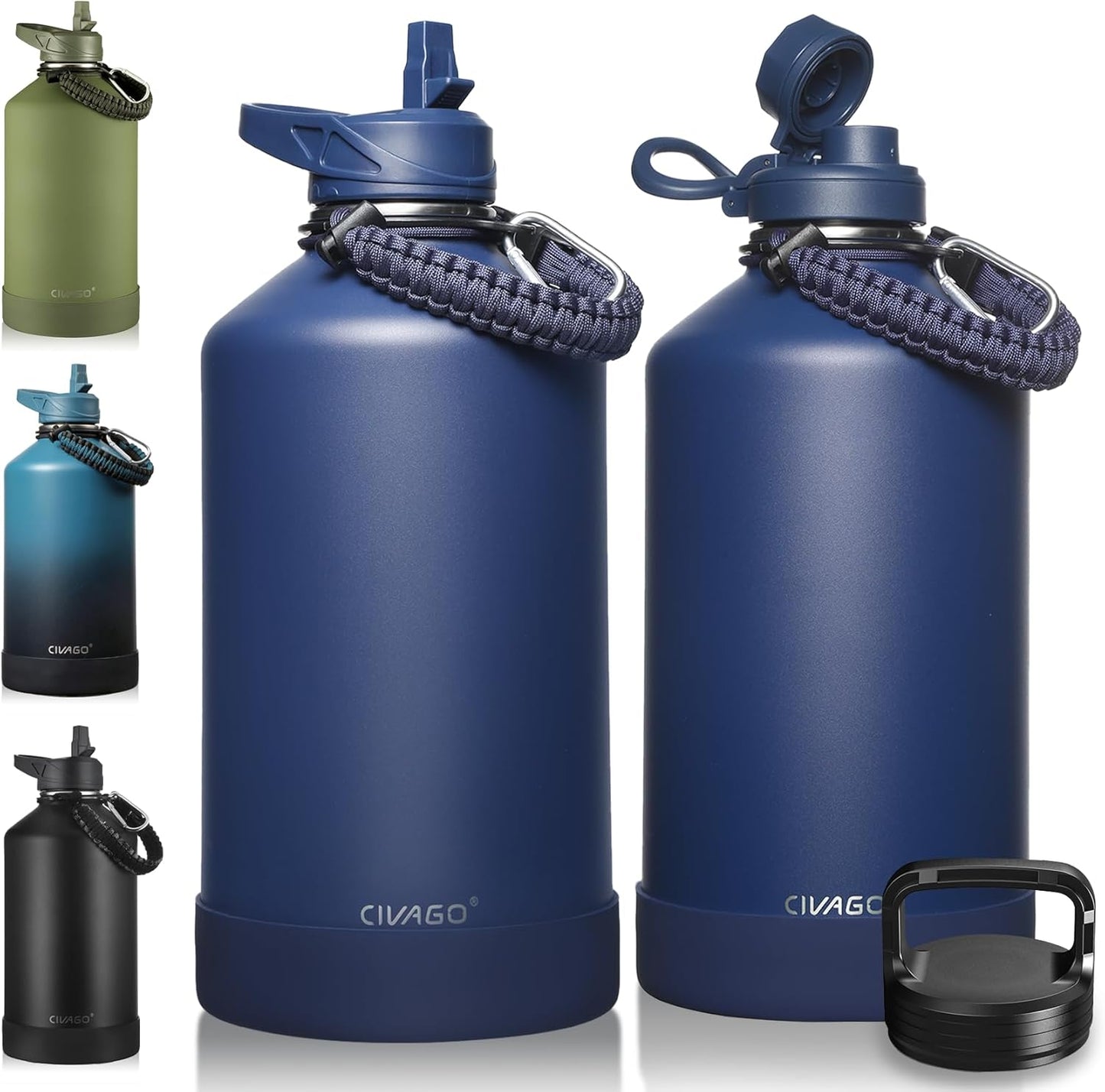 CIVAGO 32 oz Insulated Water Bottle With Straw, Stainless Steel Sports Water Cup Flask with 3 Lids (Straw, Spout and Handle Lid), Wide Mouth Travel Thermal Mug, Black
