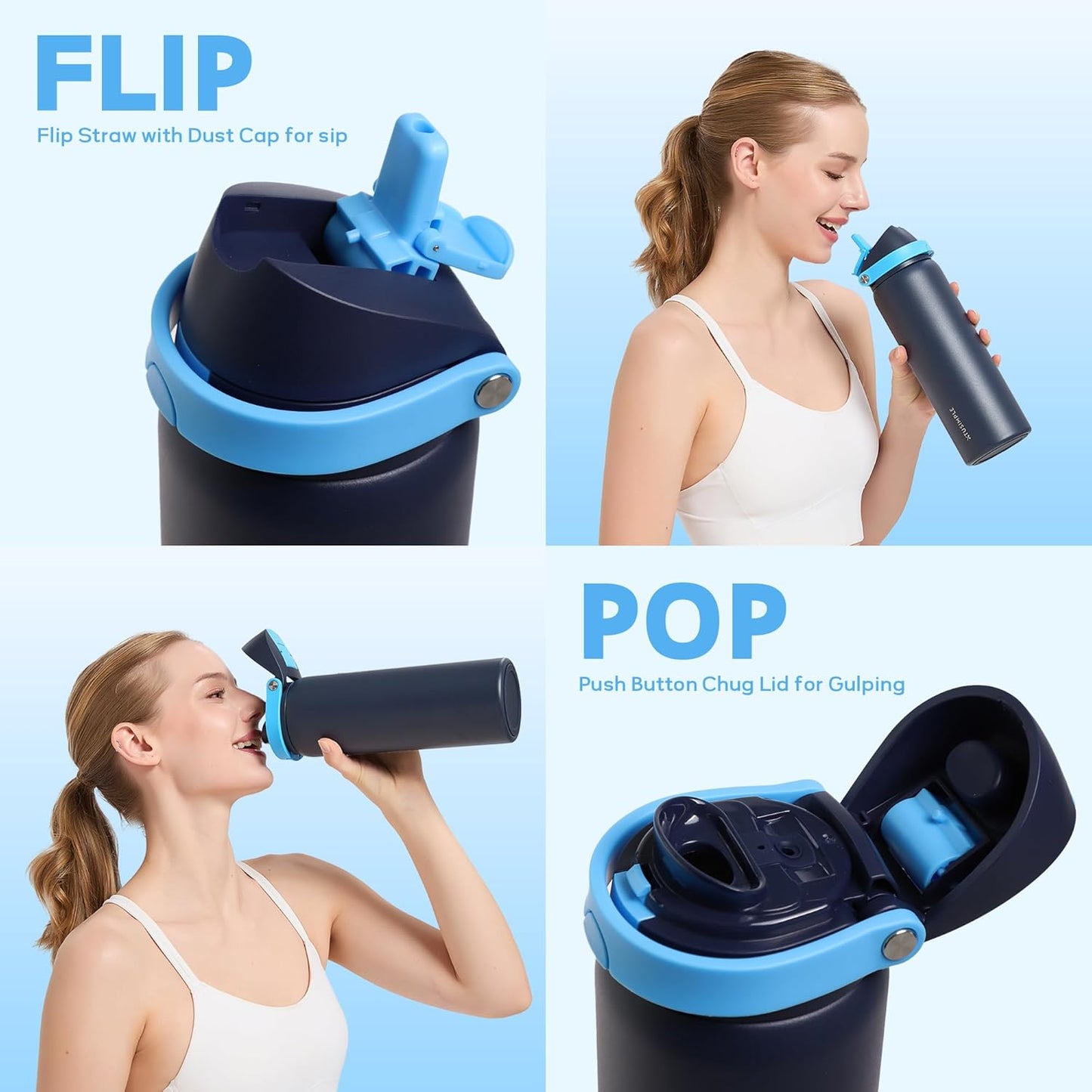 24 oz Stainless Steel Water Bottle with 2-in-1 Quick Flip Straw and Push Button Spout Lid, Fits Car Cupholder, Triple Walled Vacuum Insulated Metal Leakproof, for Gym, Hiking, Trip, Black
