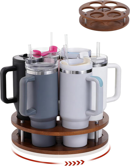 Rotating Wood Tumbler Organizer, 30 oz 40 oz Spinning Turnable Tumblers Holder, 360° Rotatable 7 Large Cups Bottle Tumbler Storage Display Stand, Rotate Syrup Organizer for Cabinet Countertop