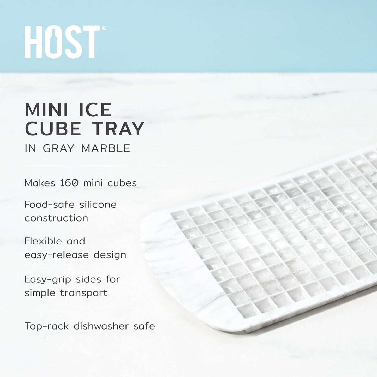Host Ice Cube Tray, Makes Four 5-Inch Long Cubes, Durable Silicone Trays with Easy Release Design, Perfect for Water Bottles and Highball Glasses, Home Bar Accessories, Set of 1, Marble