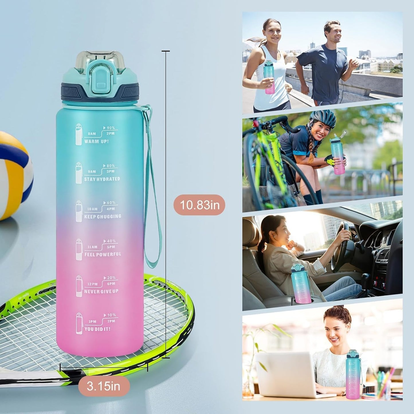 Water Bottle with Straw 1L,Boys Water Bottles with Straw 1 Litre,Waterbottle Leak-Proof Sports Water Bottle,Plastic Drinks Bottles Toxin Free，Bpa-Free (Cyan Black)