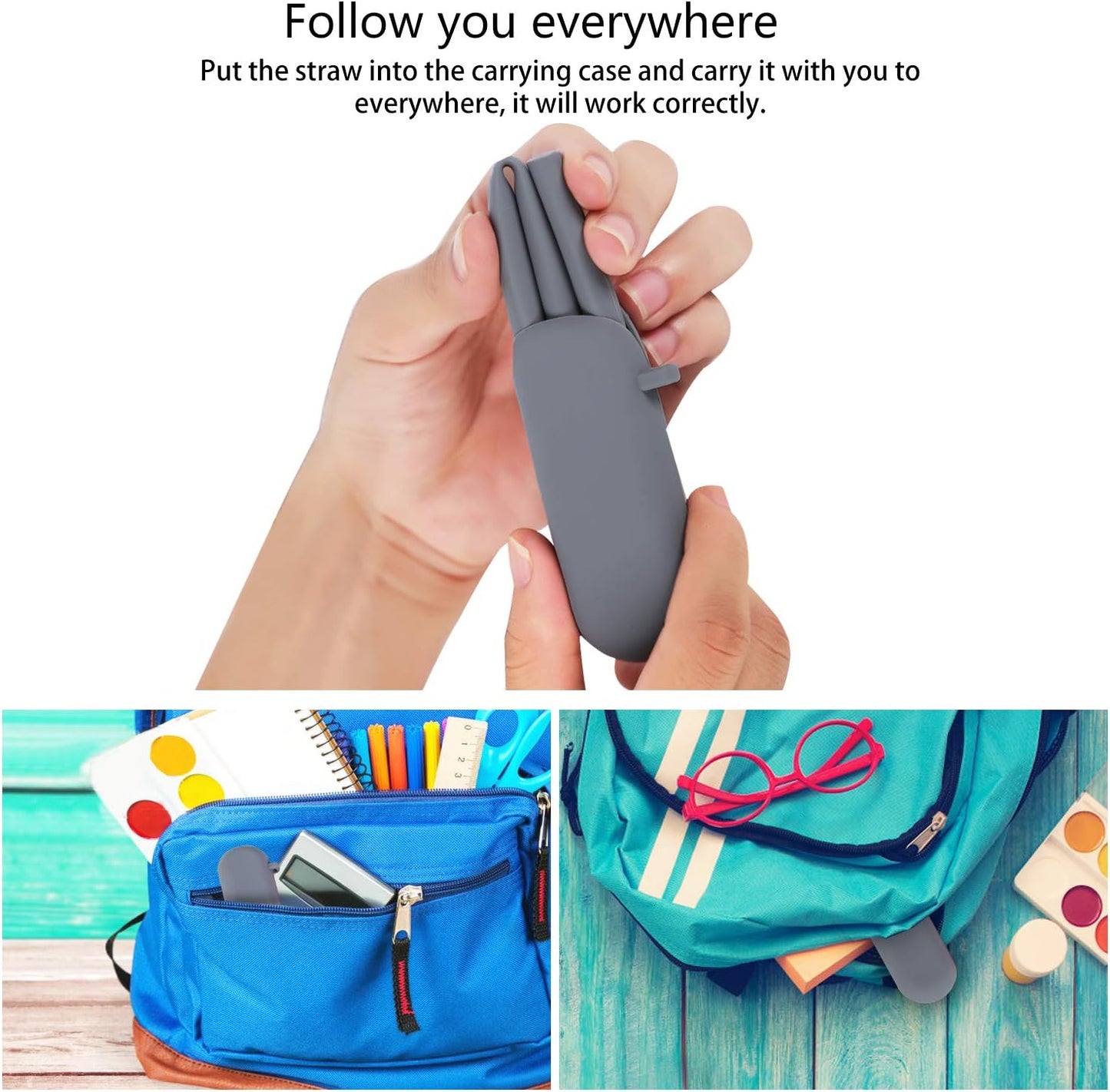 Sunseeke Silicone Straws Reusable - Odorless, 12 Standard Drinking Straws, 4 Carry Pouch, 2 Cleaning Brushes, Certificated Food Grade Platinum Silicone - 8 1/2" Long