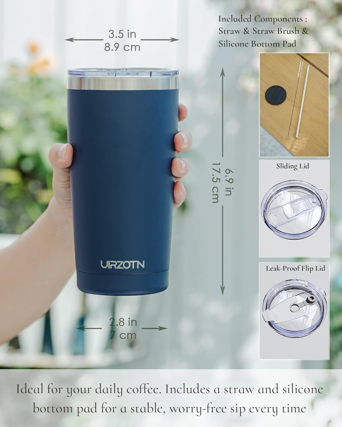 Travel Coffee Tumbler 20oz, Leakproof Travel Coffee Mug with Dual Lids and Straw, Stainless Steel Double Wall Vacuum Insulated Tumbler for Hot/Iced Drinks (Navy Blue, Textured Matte)