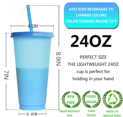 Color Changing Cups, 5 Pack 24oz Plastic Tumblers, Reusable Iced Coffee & Smoothie Cups with Lids and Straws for Parties and Travel