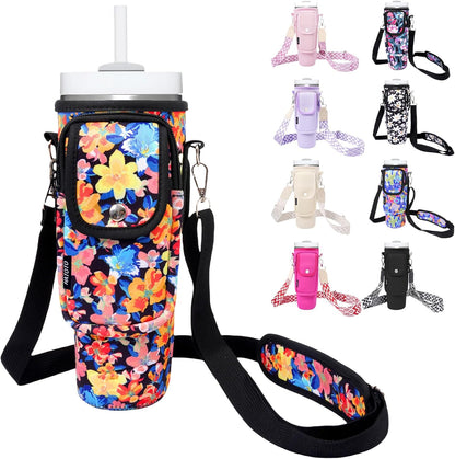Water Bottle Holder with Strap for Stanley Cup 40/30oz, Insulated Neoprene Stanley Cup Holder with Strap for Tumbler with Handle Stanley Carrier Bag Cross-body Bag for Walking