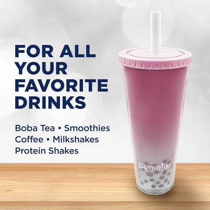Bumbler Original Boba Tea Cup - 24oz Double-Walled Plastic Reusable Tumbler with Extra Wide Straw & Leak-Proof Lid - BPA-Free Smoothie & Iced Coffee Travel Mug - Blush Pink