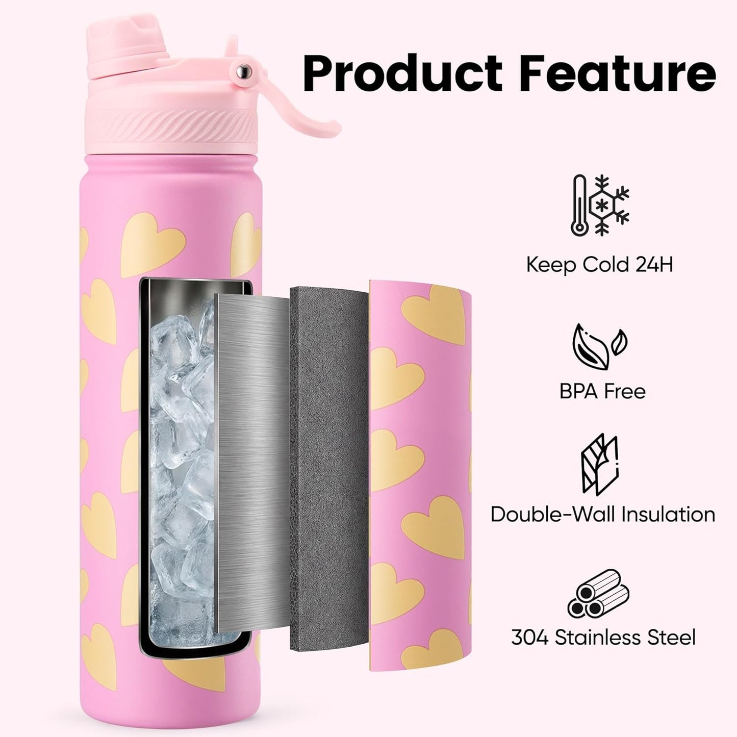 Fijinhom 18 oz Insulated Water Bottle, 2-in-1 Straw and Spout Lid Stainless Steel Thermos, Leak-Proof, Double Wall Vacuum Flask, Keep Cold 24H for Outdoor, Sports, Travel, School (Black)