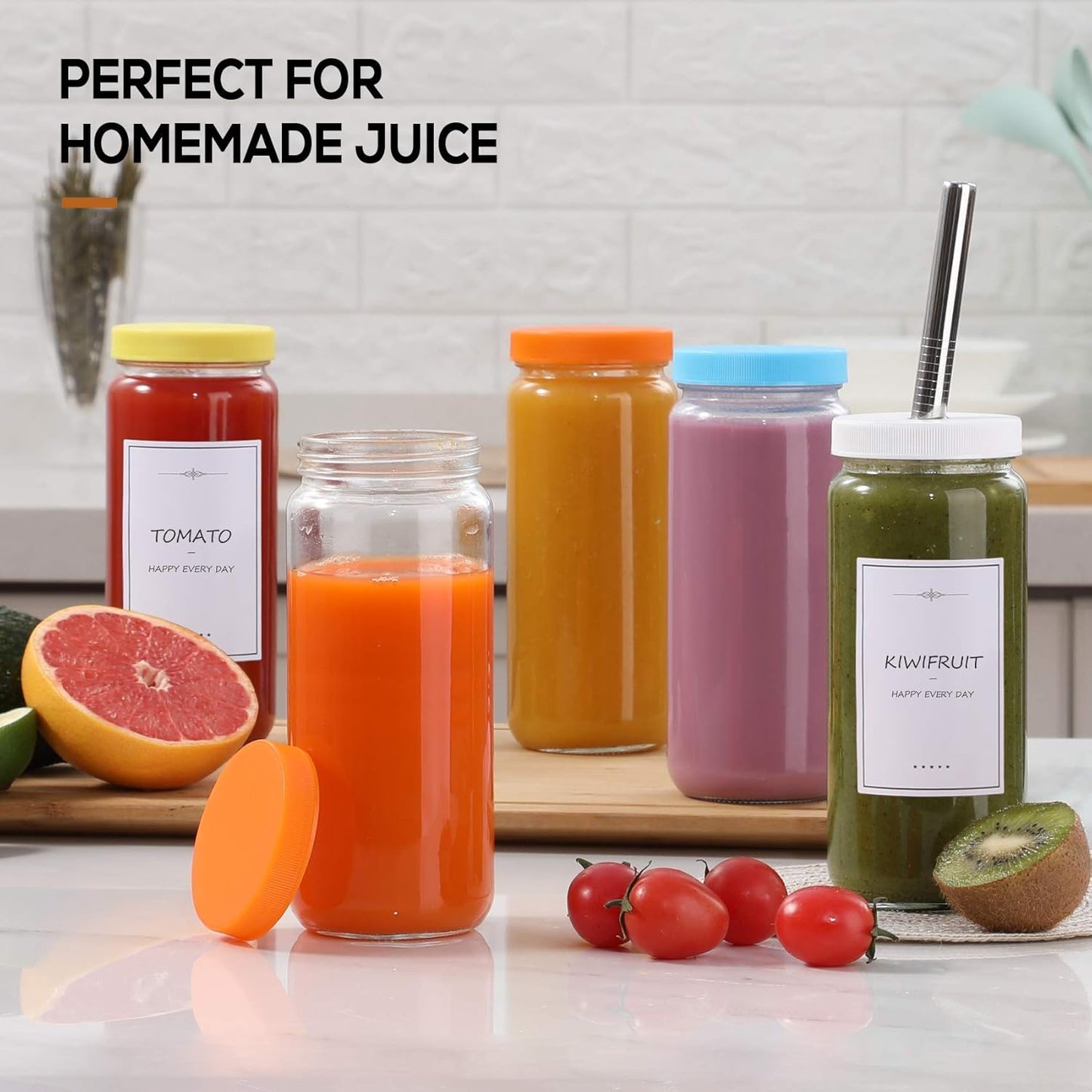 8 Pack 16OZ Glass Juice Bottles with 8 Airtight Lids & 2 Straw Lids & 2 Straws - Freezable Juice Container, Travel Juicing Jars, Drinking Water Cups - Reusable Tall Mason Jar for Tea, Juice, Smoothies