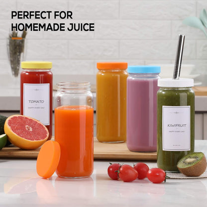 8 Pack 16OZ Glass Juice Bottles with 8 Airtight Lids & 2 Straw Lids & 2 Straws - Freezable Juice Container, Travel Juicing Jars, Drinking Water Cups - Reusable Tall Mason Jar for Tea, Juice, Smoothies